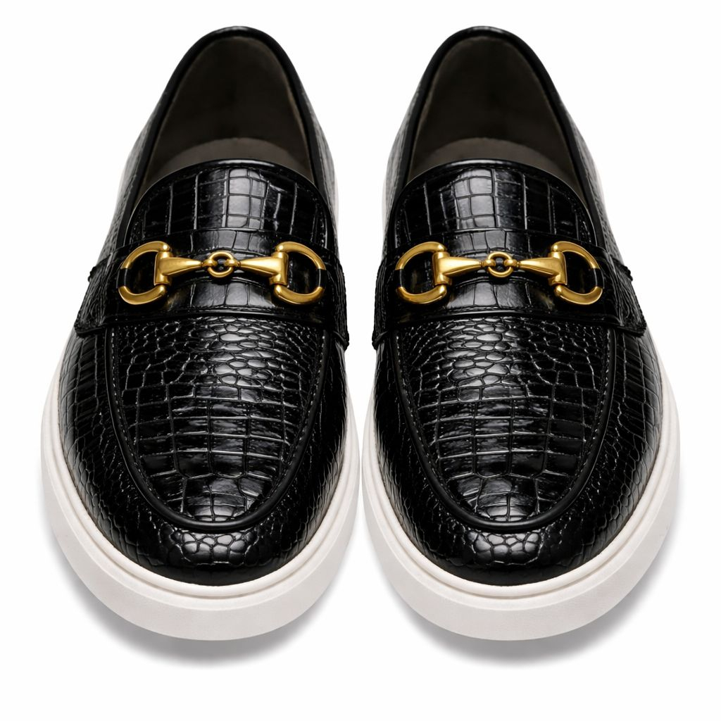 Black CrocTexture Loafers with Gold Horsebit  Premium SlipOn Dress Shoes